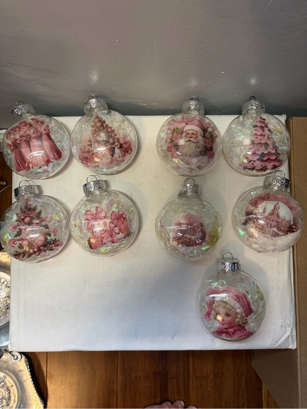Vintage-Style Handmade Pink Christmas Ornament Lot of 9 Glitter Iridescent 3”